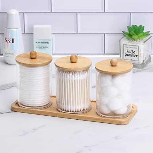 Tbestmax 10 Oz Cotton Swab Holder with Clear Jar and 3 Wood Lids