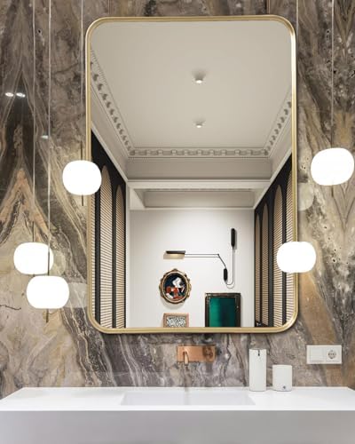 Gold Mirror 24x36 Brushed Metal Frame Wall Mounted Bathroom Mirror