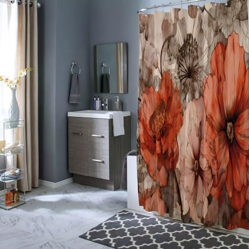 YAEHOCO Brown Red Flower Shower Curtain 72x72 Inch 1