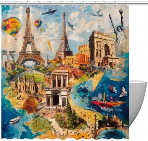 VAPOKF Travel Building Pattern Shower Curtain Set with 12 Hooks - 72x72 Inches