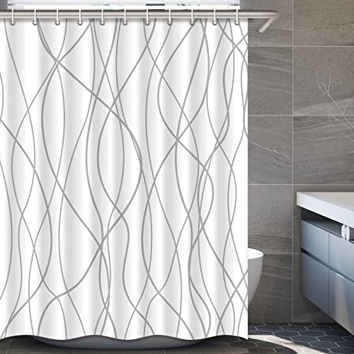 Punkray Grey White Striped Polyester Shower Curtain with Hooks