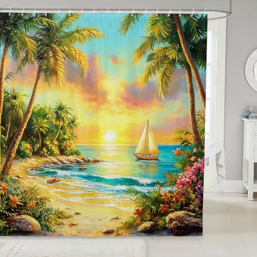Manfei Tropical Ocean Beach Shower Curtain Set with 12 Hooks 72x72