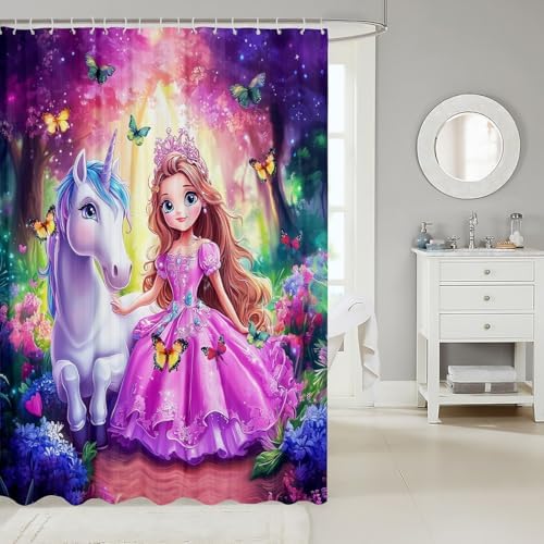 Manfei Kawaii Girl Unicorn Shower Curtain Set