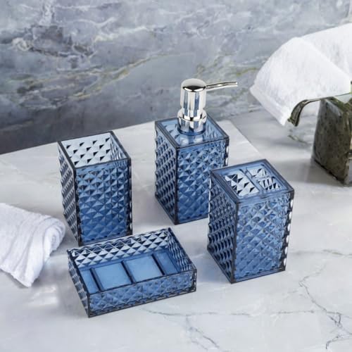 Blue Bathroom Accessories Set 4PCS Dark Navy Diamond Pattern