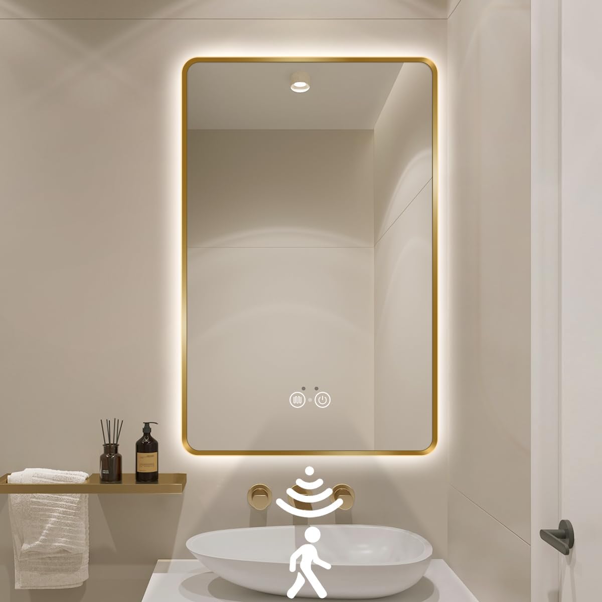 Gold LED Bathroom Mirror with Motion Sensor and Anti-Fog