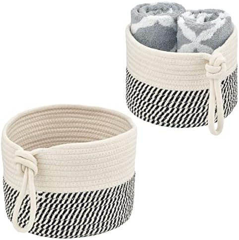 mDesign Casual Round Woven Cotton Rope Bathroom Basket Set - 2 Piece BlackWhite