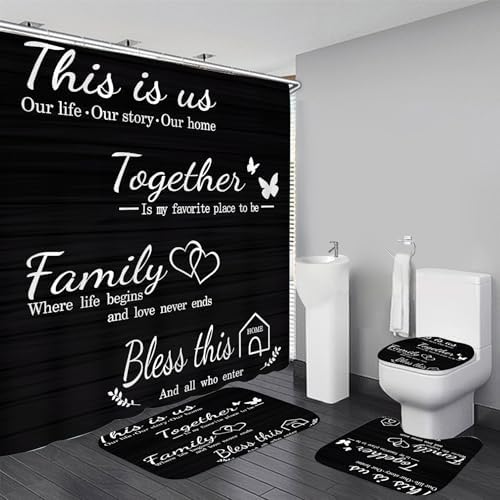 AZHM Family Shower Curtain Set Black with Rugs and Hooks