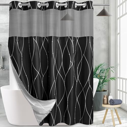 KONZENT Black White Striped Shower Curtain with Snap-In Liner