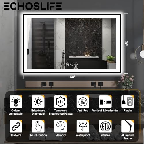 EchosLife 60x36 LED Mirror with Black Aluminum Frame