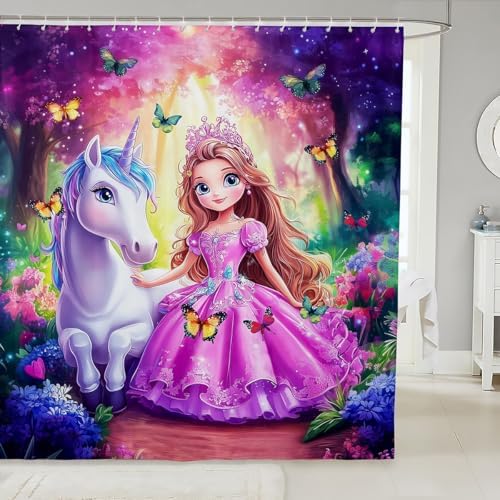 Manfei Kawaii Girl Unicorn Shower Curtain Set