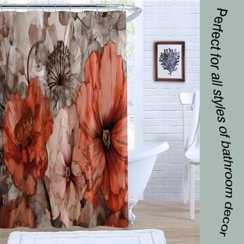 YAEHOCO Brown Red Flower Shower Curtain 72x72 Inch 1
