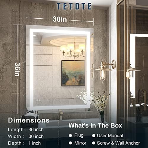 TETOTE 30x36 LED Vanity Mirror with Dimmable Lights and Anti-Fog Function