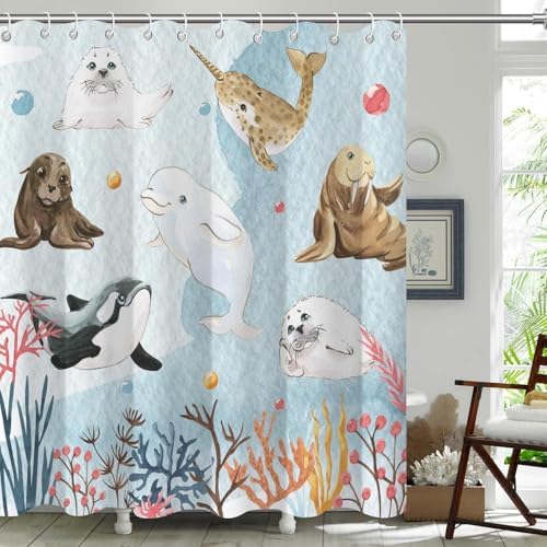 Cute Ocean Animal Shower Curtain 72x72 Inches