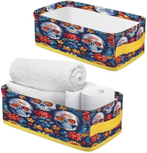 Mexican Floral Skeleton Toilet Paper Basket Organizer with Handles