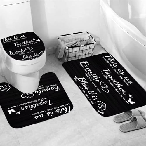 AZHM Family Shower Curtain Set Black with Rugs and Hooks