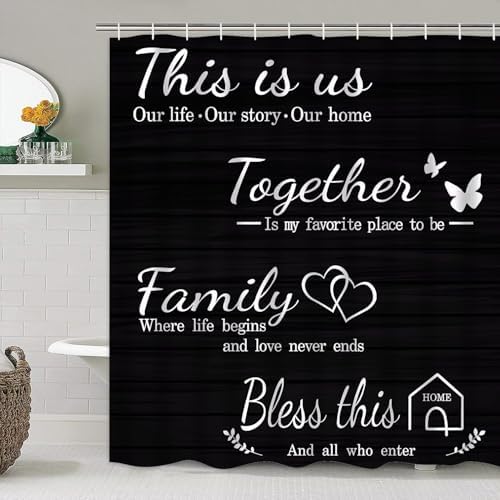 AZHM Family Shower Curtain Set Black with Rugs and Hooks