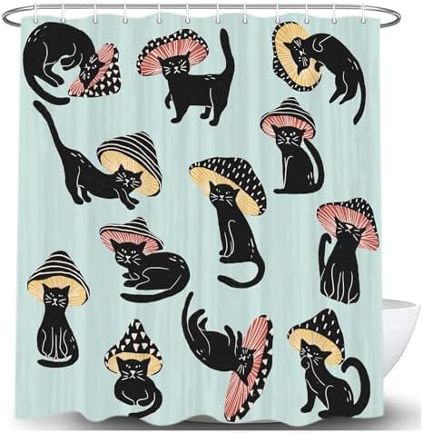 MERCHR Cute Funny Cat Mushroom Shower Curtain 72x72 Inch