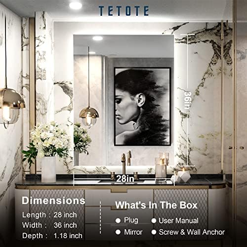 TETOTE 36x28 Inch LED Backlit Mirror with Light and Anti-Fog