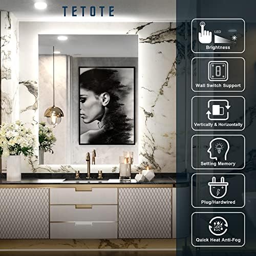 TETOTE 36x28 Inch LED Backlit Mirror with Light and Anti-Fog