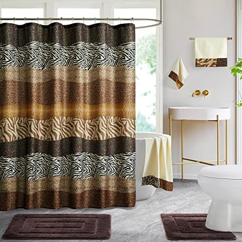 WPM Leopard Print Animal Coffee Bath Rug and Shower Curtain Set