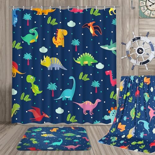 Ikfashoni 7 Pcs Dinosaur Bath Set with Non-Slip Rug and Towels