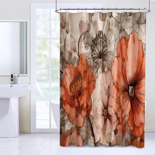 YAEHOCO Brown Red Flower Shower Curtain 72x72 Inch 1
