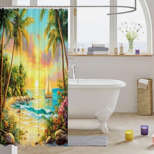 Manfei Tropical Ocean Beach Shower Curtain Set with 12 Hooks 72x72
