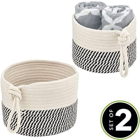 mDesign Casual Round Woven Cotton Rope Bathroom Basket Set - 2 Piece BlackWhite