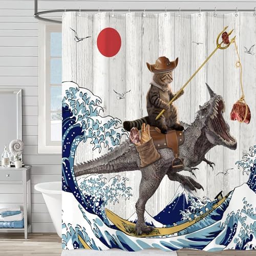 Fowocu Funny Dinosaur Cat Shower Curtain
