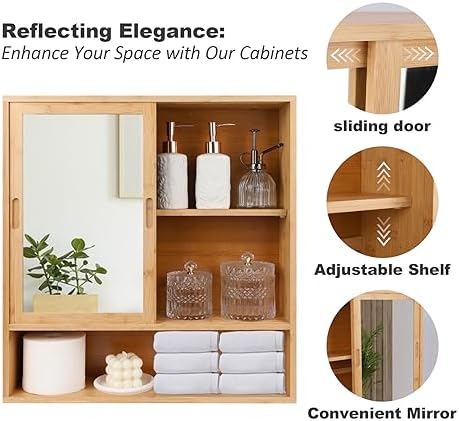 ZYBT Bamboo Medicine Cabinet with Mirror and 2 Sliding Doors