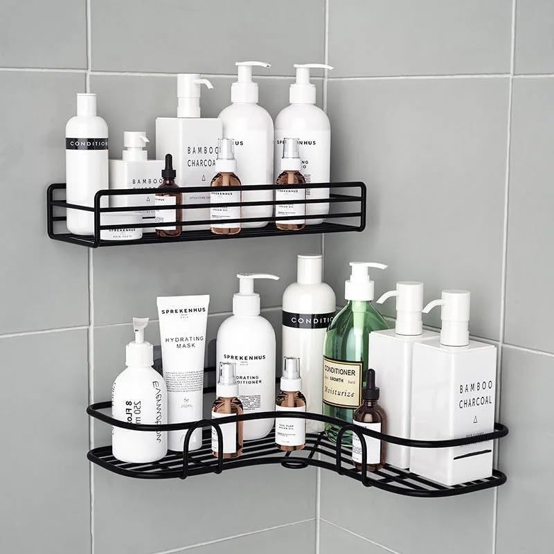 Drill-Free Corner Shower Shelf with Suction Cup - Black 1pc