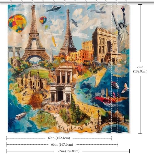 VAPOKF Travel Building Pattern Shower Curtain Set with 12 Hooks - 72x72 Inches