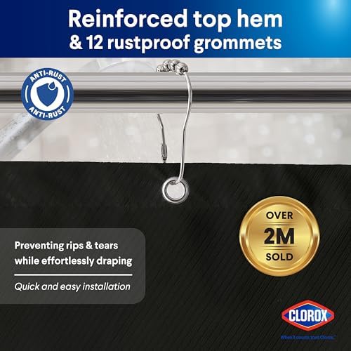CLOROX 2-in-1 Shower Curtain Liner 72x72 Black Durable Water Resistant