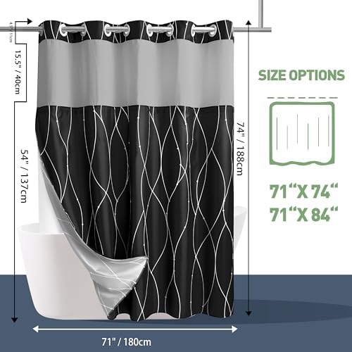 KONZENT Black White Striped Shower Curtain with Snap-In Liner