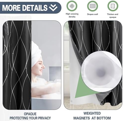 KONZENT Black White Striped Shower Curtain with Snap-In Liner