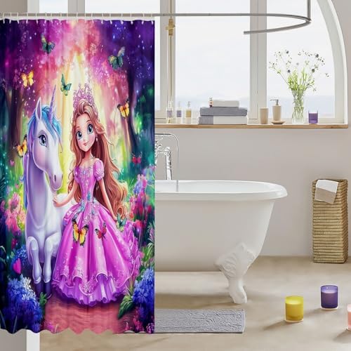 Manfei Kawaii Girl Unicorn Shower Curtain Set