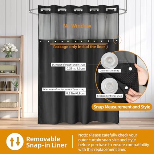 1 Pack Fabric Snap-In Shower Curtain Liner Replacement Black 70x54