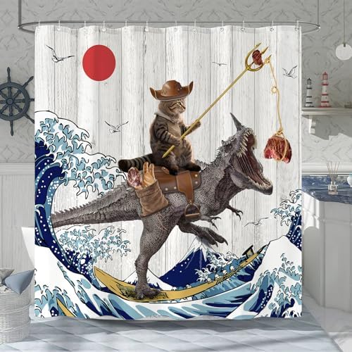 Fowocu Funny Dinosaur Cat Shower Curtain