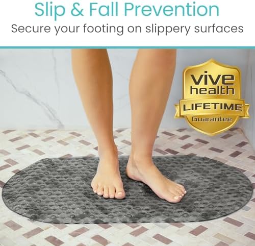 Vive Oval Bathtub Mat - Non-Slip Secure Durable Easy to Clean Gray