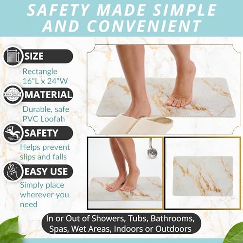 Enkosi Loofah Non-Slip Shower Mat - Marble White Gold 24x16