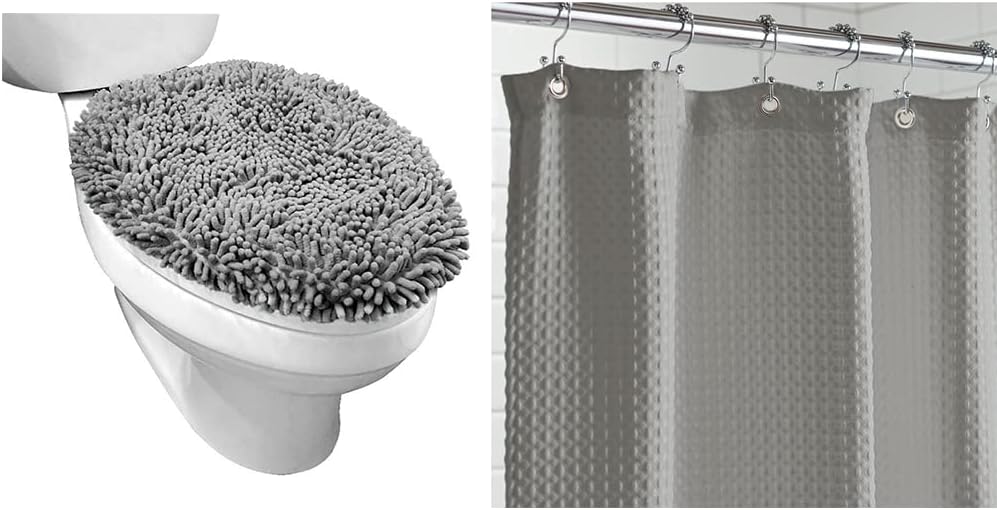 GORILLA GRIP Toilet Lid Cover Waffle Shower Curtain Bundle