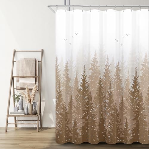 Hokibero Brown Misty Forest Mountain Nature Tree Fabric Shower Curtain 72x78