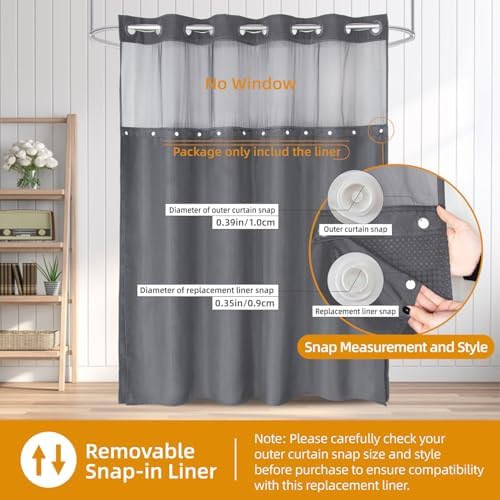 Eachope 1 Pack 70x60 Grey Snap-In Shower Curtain Liner