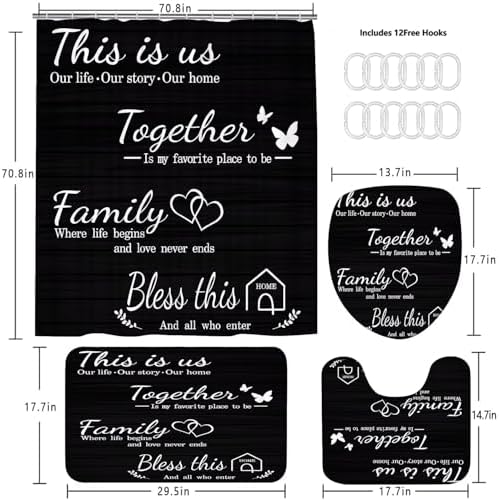 AZHM Family Shower Curtain Set Black with Rugs and Hooks