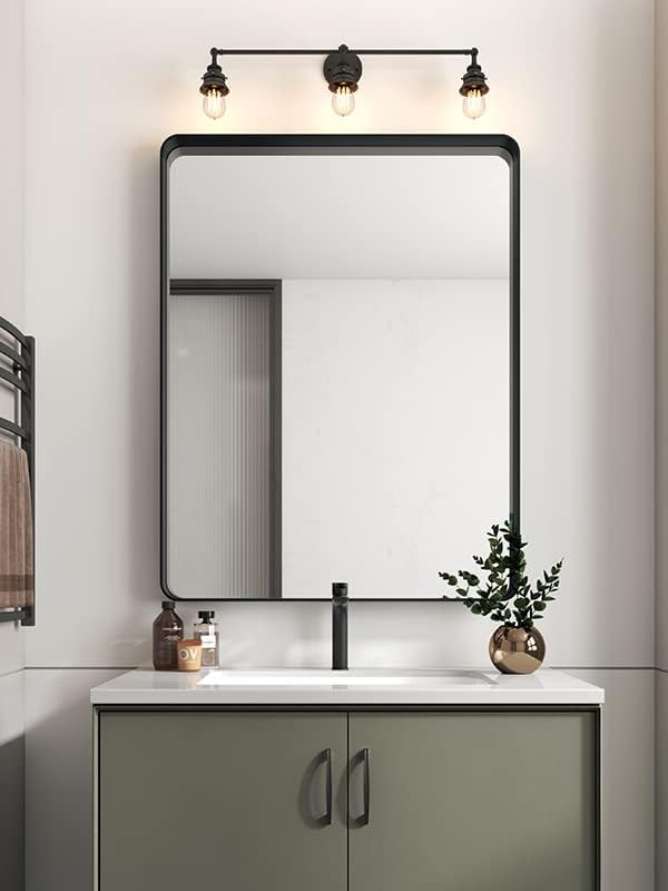 Modern Black Frame Bathroom Mirror 28x36 Inch Rectangle