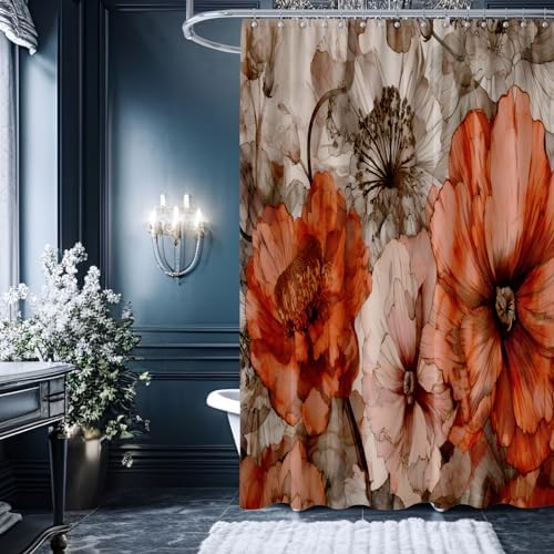 YAEHOCO Brown Red Flower Shower Curtain 72x72 Inch 1