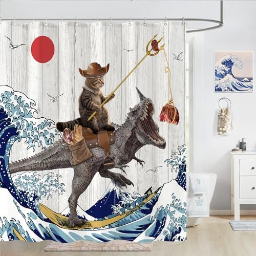 Fowocu Funny Dinosaur Cat Shower Curtain