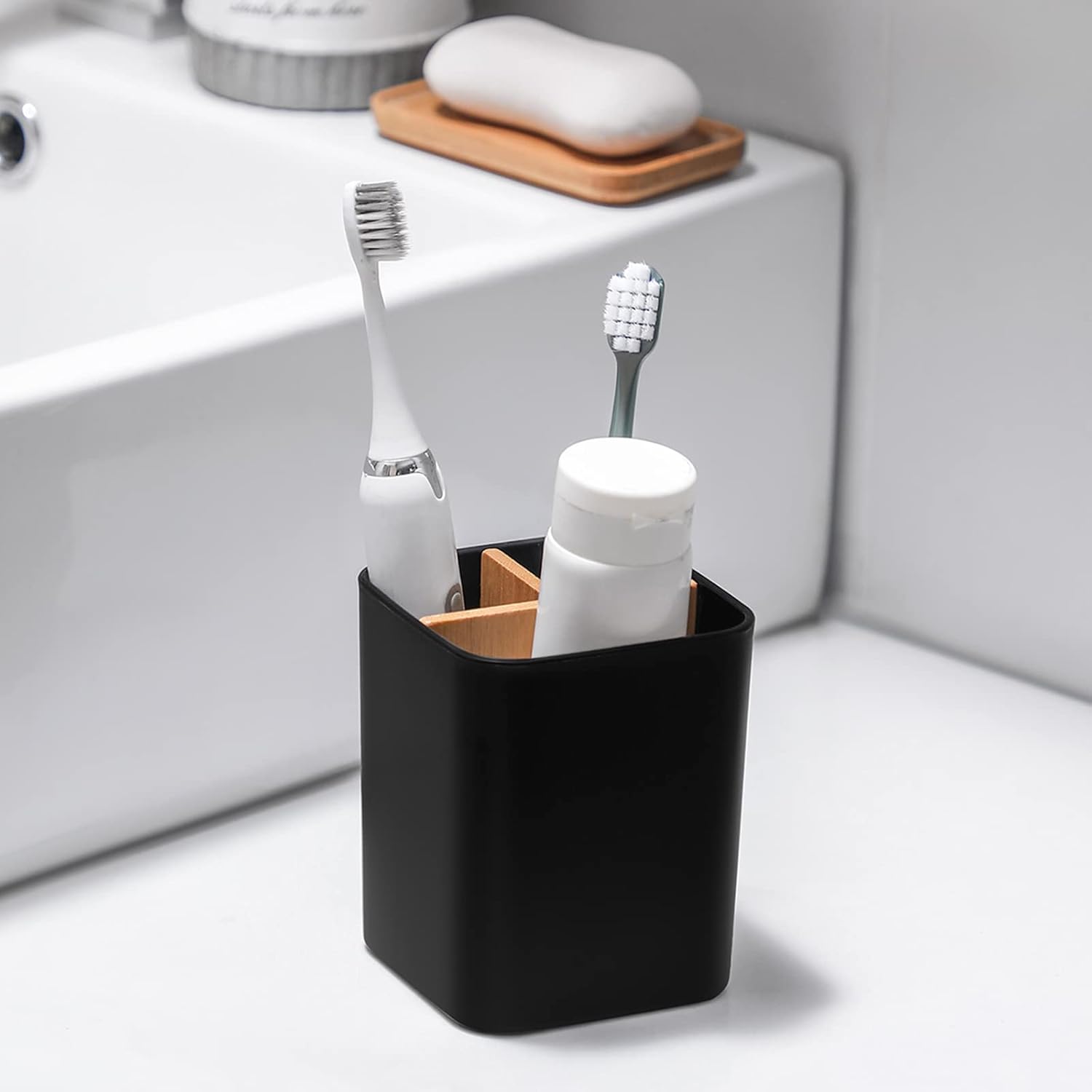 Bamboo Toothbrush Holder with 3 Slots - Black