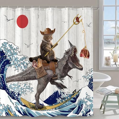 Fowocu Funny Dinosaur Cat Shower Curtain
