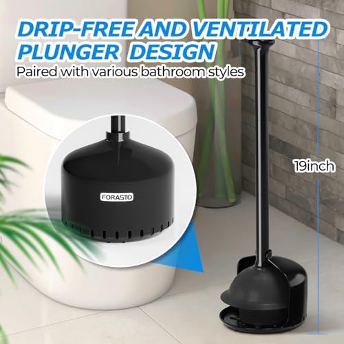 FORASTO Toilet Plunger with Holder - Black 19inch